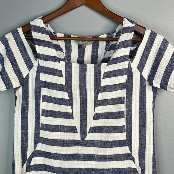 KENAR Linen Blend Striped Mini Dress Blue Oatmeal Cutouts Pockets Coastal Size M - Picture 3 of 11